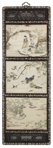 One of Eight Hanging Panels with the Eight Immortals and Eight Views in Canton Late Qing dynasty or early Republican period Silk, mounted in mother-of-pearl inlaid blackwood frame H 175 x W 61.4 x D 3 cm HKU.W.1996.1084 a-h Gift of Dr T T Tsui, Tsui Art Foundation Ltd.  This panel shows three scenes: Lu Tung-pin, one of the eight immortals, together with a boy carrying a Guqin, butterflies and Mandarin ducks and the Datong temple in misty rain