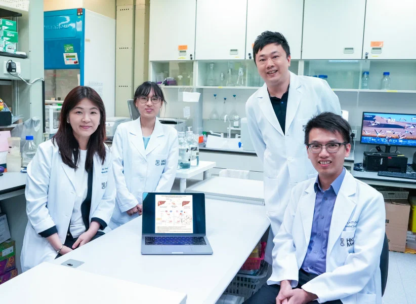 A HKUMed research co-led by Professor Stephanie Ma Kwai-yee (first left) and Professor Clive Chung Yik-sham (first right), paves the way for significant advancement in hepatocellular carcinoma (HCC) treatment by identifying a key protein that fuels tumour growth and developing an inhibitor that can improve treatment outcomes.