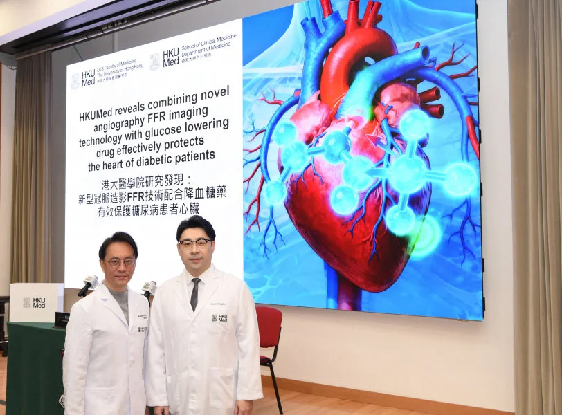 HKUMed reveals that combining novel caFFR imaging technology with glucose lowering drug effectively protects the heart of diabetic patients. In the photo are Professor Yiu Kai-hang (left), who led the research, and his team member Dr Xuan Haochen.