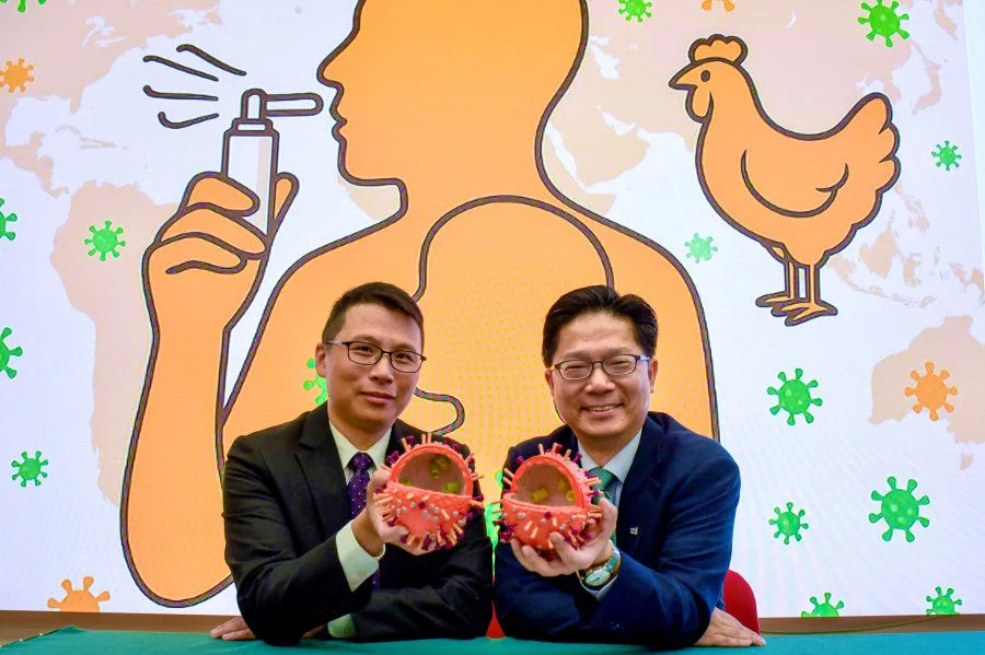 HKUMed has achieved a significant breakthrough in developing needle-free, live-attenuated influenza vaccines with broad protection against human and avian virus subtypes. The novel innovations resulted in multiple patents and impressive accolades at the 50th International Exhibition of Inventions Geneva 2025, including the Saudi Innovation Excellence Prize and two Gold Medals, one of which came with Congratulations of the Jury. (From right: Professor Leo Poon Lit-man and Dr Alex Chin Wing-hong)  