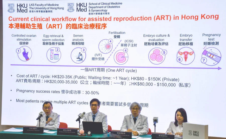 The AI model invented by HKUMed’s Department of Obstetrics and Gynaecology in the School of Clinical Medicine has clinical value in evaluating male fertility. Conventional assessment methods rely heavily on subjective visual judgment and have inherent limitations, whereas the AI model precisely analyses subtle traits in sperm, enabling a more accurate prediction of fertilisation potential. The research team members include (from left) Dr Raymond Li Hang-wun, Professor Philip Chiu Chi-ngong, Professor William Yeung Shu-biu and Dr Erica Leung Tsz-ying.