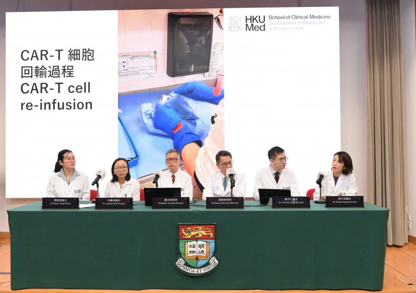 HKUMed takes the lead in adopting CAR-T cell therapy to treat a multiple myeloma patient, the first case in Hong Kong. Pictured (from left) Dr Karen Tang Hoi-ki, Dr Joycelyn Sim Pui-yin, Professor Kwong Yok-lam, Professor Eric Tse Wai-choi, Dr Thomas Chan Sau-yan and Dr Gloria Hwang Yu-yan.  