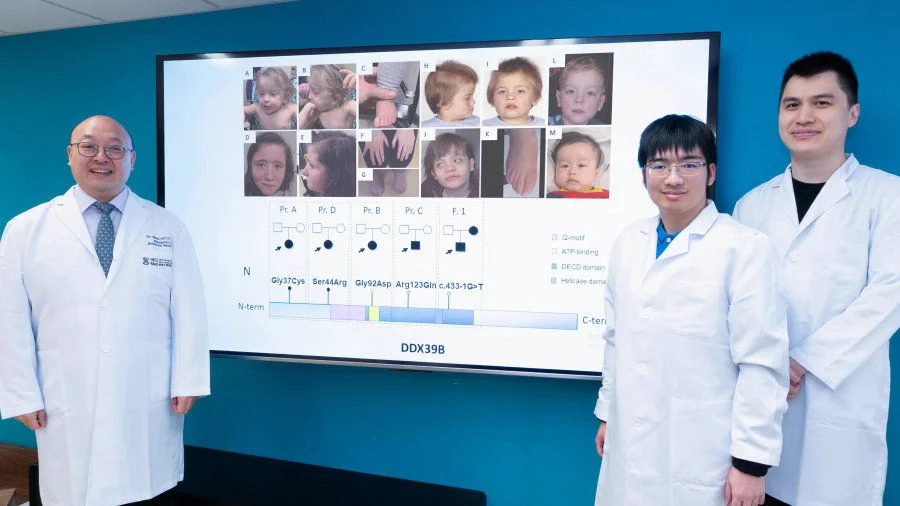 In a global study led by Dr Brian Chung Hong-yin (left), the HKUMed research team identifies a novel gene, DDX39B, for a rare disease. Genetic mutations in this gene impact brain function, leading to developmental delay and hypotonia.  
