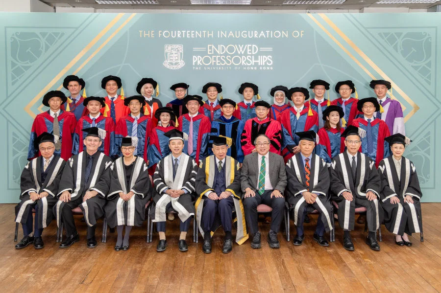 (Back row from left): Professors Georgios T Halkias, Koon-Ho Chan, Liz Jackson, Kenneth Wong, Chun-Hung Chu, Yang Lu, Khuloud Al-Jamal, Kaibin Huang, Pengtao Liu, Gilberto Leung  (Middle row from left): Professors Michael Ng, Hin Chu, Guochun Zhao, Echo Wan, Jin Li, Pingyang Gao, Guoqi Xu, Hongjie Dai, Shirley Li, Gaowei Chen  (Front row from left): Professor Yang Wang, Professor Jay Sigel, Mrs Cherry Tse, Professor Xiang Zhang, Dr the Hon Sir David Li, Professor Lap-Chee Tsui, Professor Gong Peng, Professor CS Lau, Professor Vivian Yam