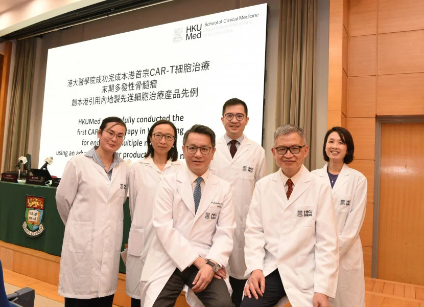 The research team, led by Professors Kwong Yok-lam (front right) and Eric Tse Wai-choi (front left), successfully utilises BCMA CAR-T cells from the mainland to cure multiple myeloma.  