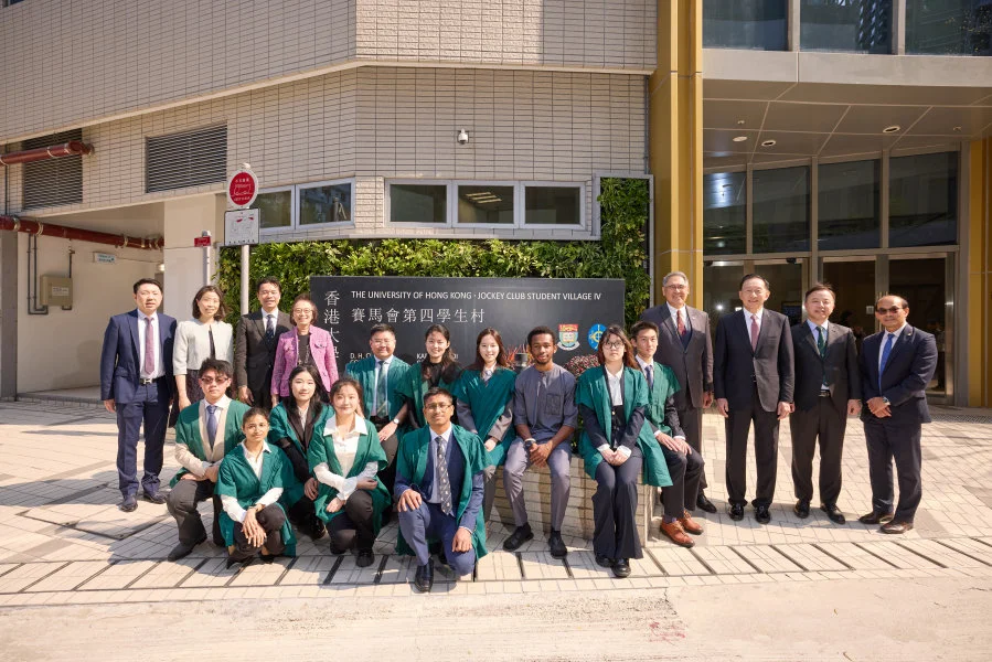 (From left) Masters of Colleges: Professor Ivan Hung, Professor Pamela Lee, Professor Kaimin Shih, Professor Sophia Chan, Steward of The Hong Kong Jockey Club Mr Lester Huang, HKU Council Chairman Dr Peter Wong, President & Vice-Chancellor Professor Xiang Zhang, Dean of Student Affairs Professor Samson Tse, and student hosts at the Jockey Club Student Village IV.   