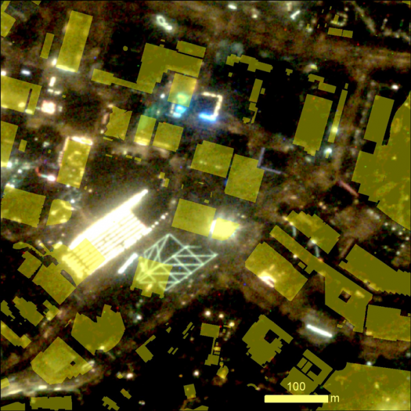 High resolution (spatial resolution around 1m) image of Central captured by Jilin-1 satellite overlaid with the footprint (yellow polygons) of individual buildings and structures recorded in the CDSI Portal. Image credit: Hong Kong Light Pollution Research Project Team, HKU.