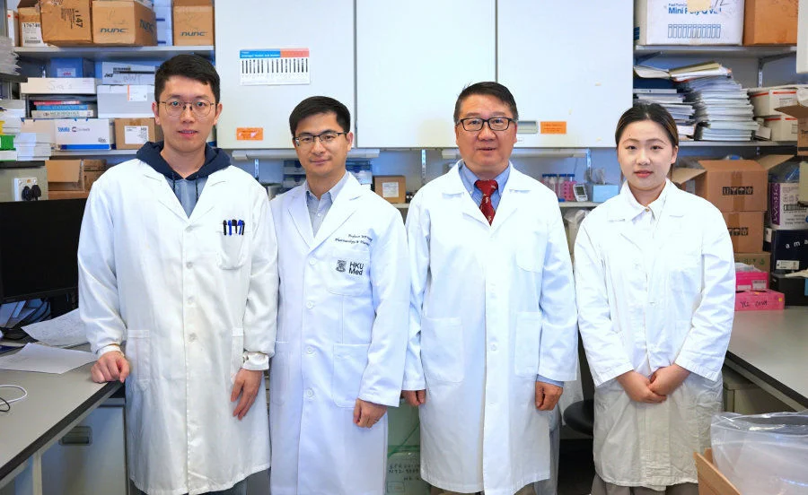 The research team, led by Professor Tu Wenwei (second right) and Professor Wang Weiping (second left), has made a breakthrough in cancer treatment by developing a new therapy which showed a significant reduction in melanoma growth, leading to more effective and safer treatments for cancers.  