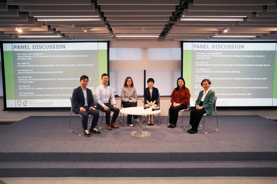Panellists in the panel discussion (From left) Prof. Gary Wong, Mr. Chu Ka Tim, Ms. Michelle Lee, Ms. Edith Tse, Ms. Hidy Tse, and Prof. Nancy Law