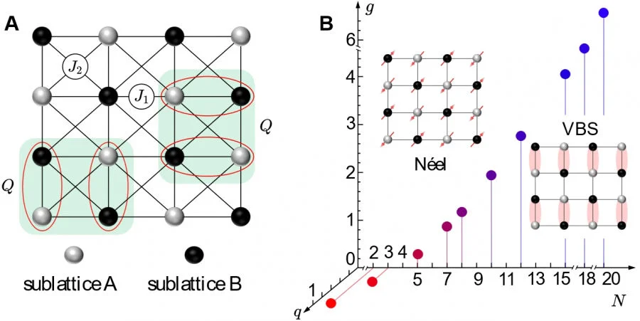 Figure 1. (A) Lattice model for realising the deconfined quantum phase transition. (B) The phase diagram for the square lattice SU(N) model. Dots represent the quantum phase transition points. Red points are those not compatible with a continuous phase transition and blues points are those consistent with conformal field theories, i.e., candidates for genuine DQCP.