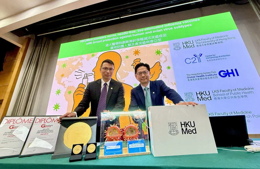 HKUMed has achieved a significant breakthrough in developing needle-free, live-attenuated influenza vaccines with broad protection against human and avian virus subtypes. The novel innovations resulted in multiple patents and impressive accolades at the 50th International Exhibition of Inventions Geneva 2025, including the Saudi Innovation Excellence Prize and two Gold Medals, one of which came with Congratulations of the Jury. (From right: Professor Leo Poon Lit-man and Dr Alex Chin Wing-hong)  