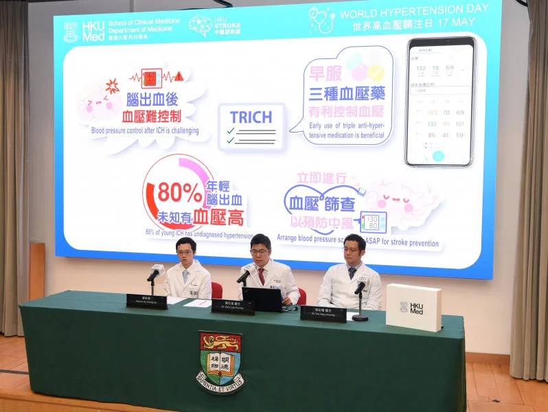 The ‘TRICH score’ was developed by MBBS students Adrian So Ching-hei (left) together with Charming Yeung under the supervision of Dr Gary Lau Kui-kai (middle) and Dr Teo Kay-cheong (right). This clinical tool has been validated in three local hospitals –Ruttonjee Hospital, Yan Chai Hospital and Princess Margaret Hospital – based on a cohort of 462 ICH patients at Queen Mary Hospital.  